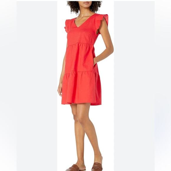 Goodthreads Womens Washed Linen Blend Flutter Sleeve Peasant Dress Coral XXL - Picture 1 of 7